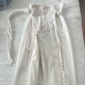 High waisted white pants with pearl and lace detail